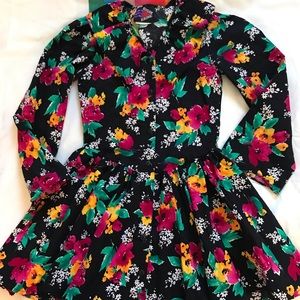 80s Black Floral Girls Ruffle Collar Button Dress